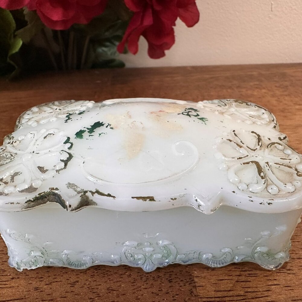 Victorian Milk Glass Trinket Box –‎ Hand-Painted Floral Scroll Design